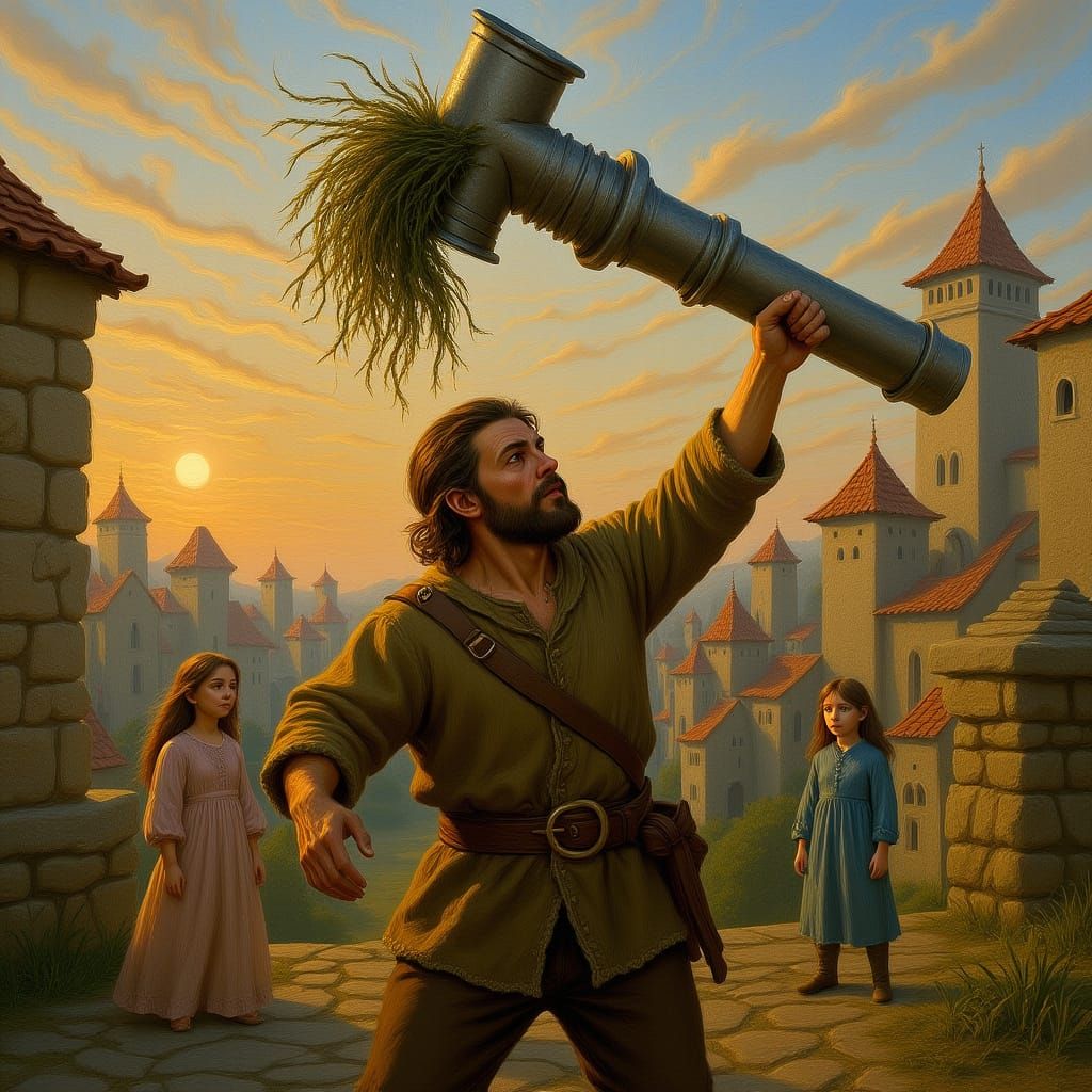 Man Ignites Torch with Pitchfork, Watched by Children