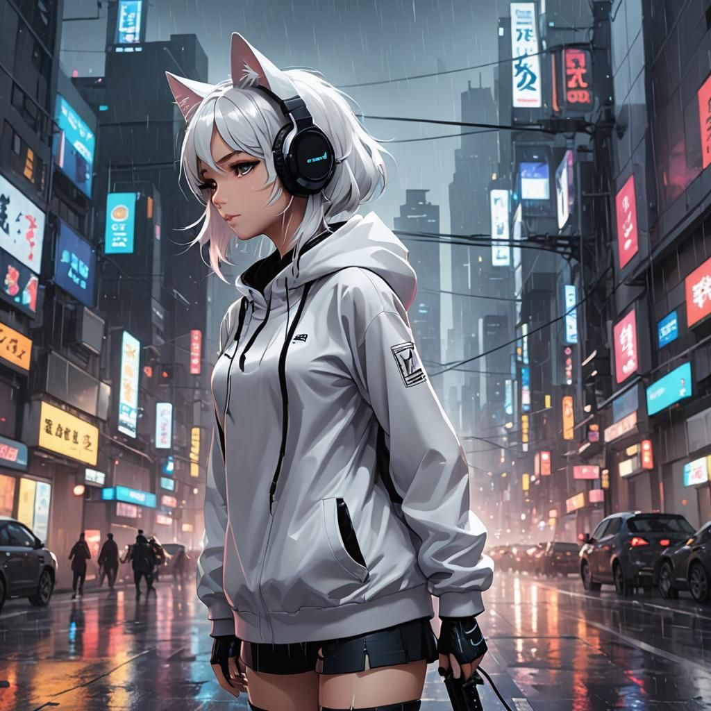 Anime Cat Girl in Rainy Cyberpunk City