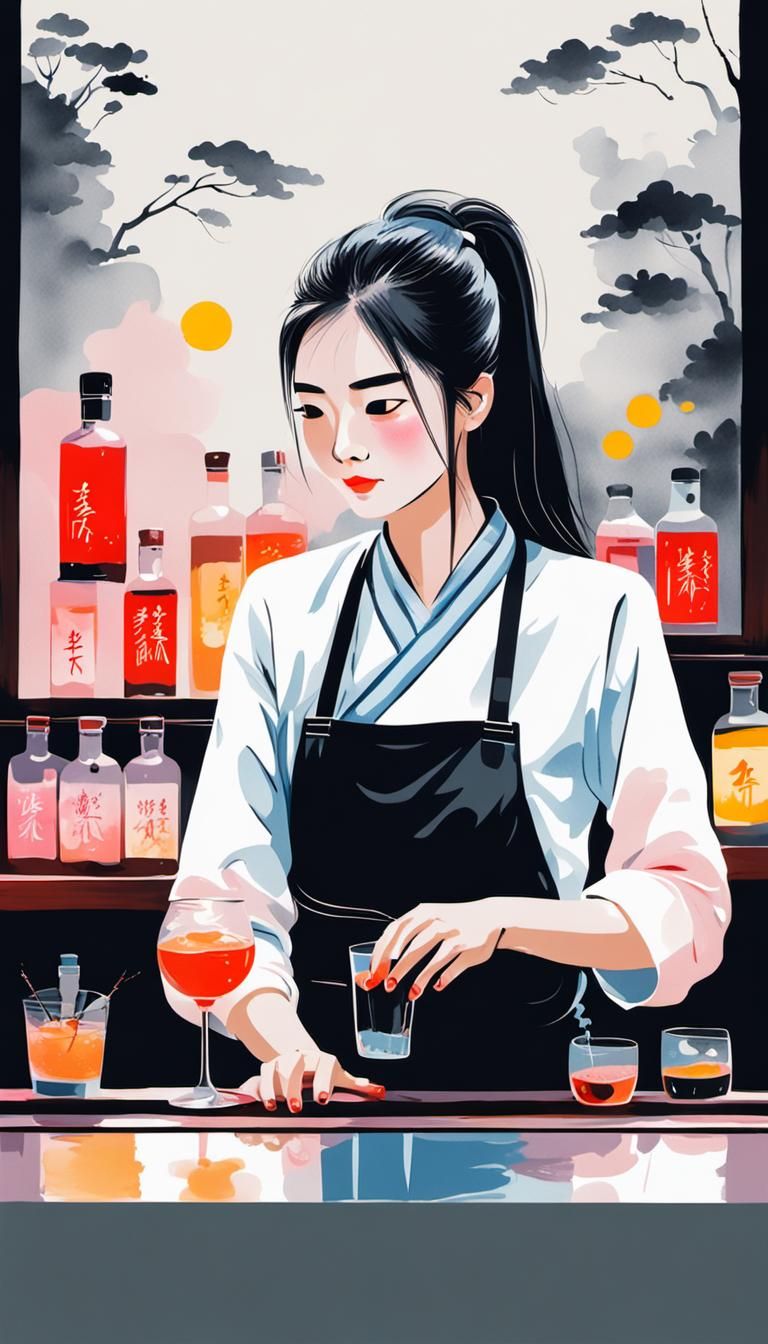 Minimalist Ink Painting of Bartender in Neon Light