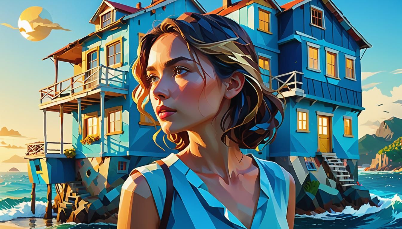 Woman on Island with Rickety House in Low-Poly Style