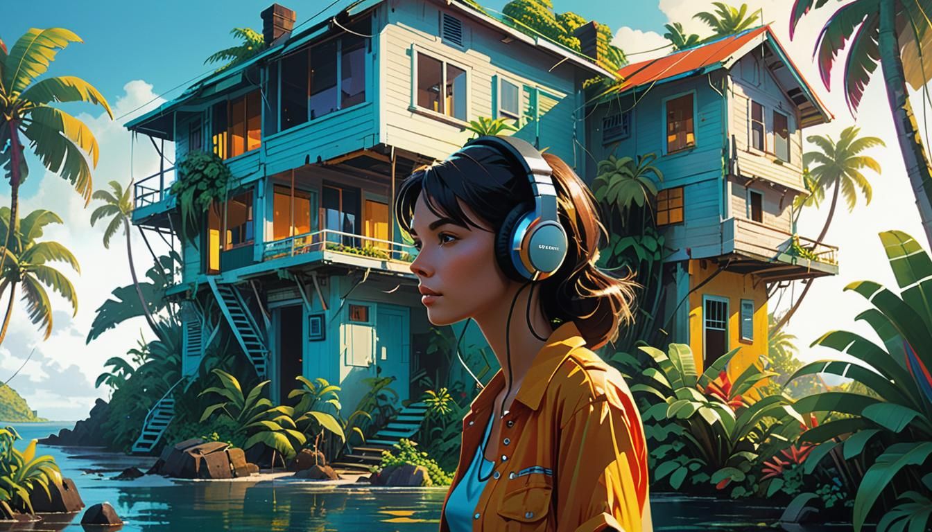 Woman on Island with Rickety House in Hyperrealistic Style