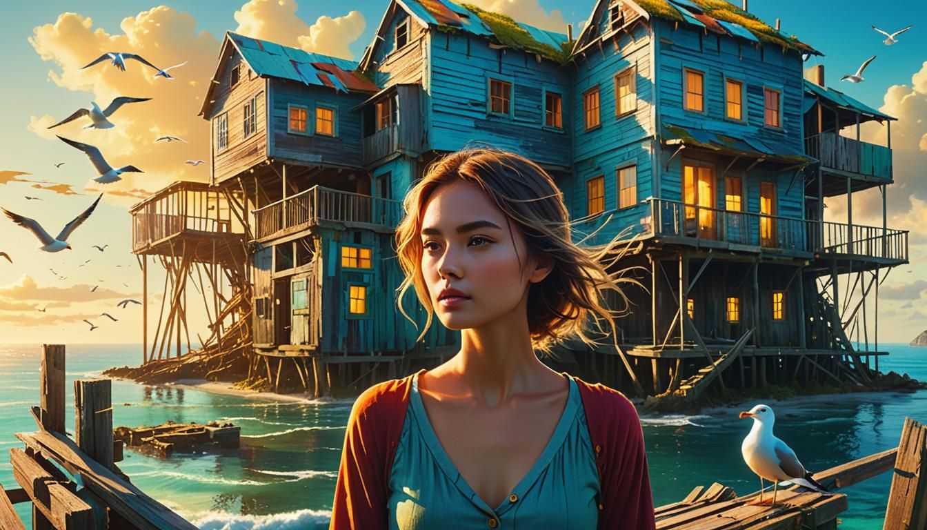 Woman on Island with Old House, 3D Rendered Art