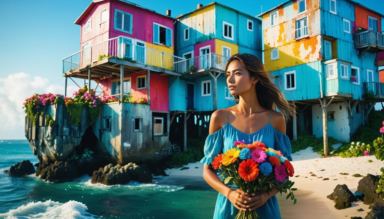 Woman with Flowers on Island, Whimsical Architecture