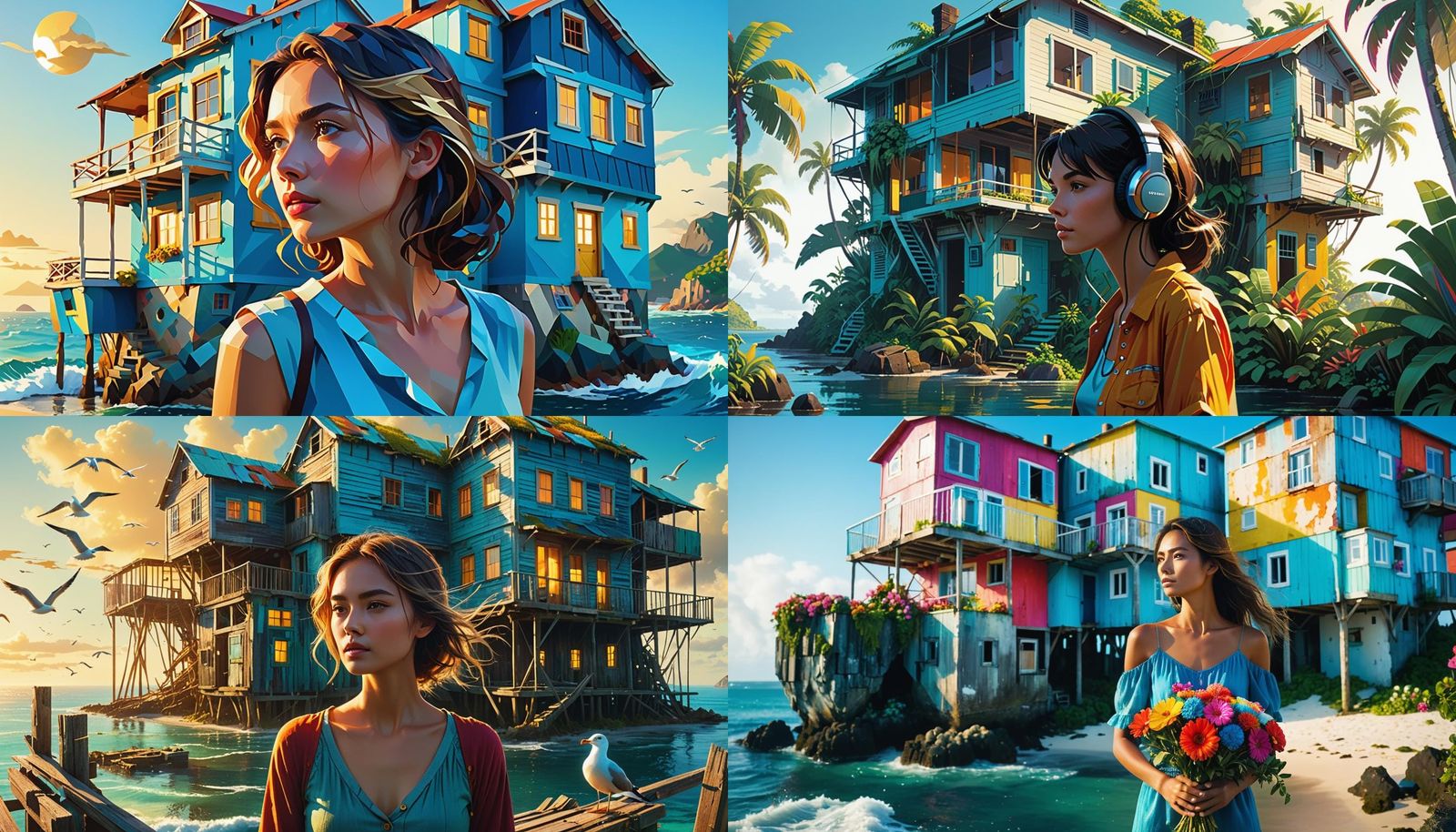 Rickety Island House with Woman: Hyperrealistic Splash Art