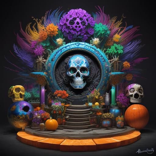 Colorful Sugar Skull on Ornate Altar
