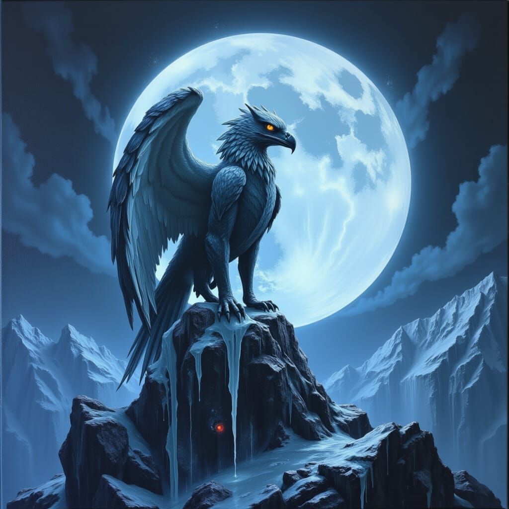 Majestic Griffin on Snowy Peak Under Moonlight