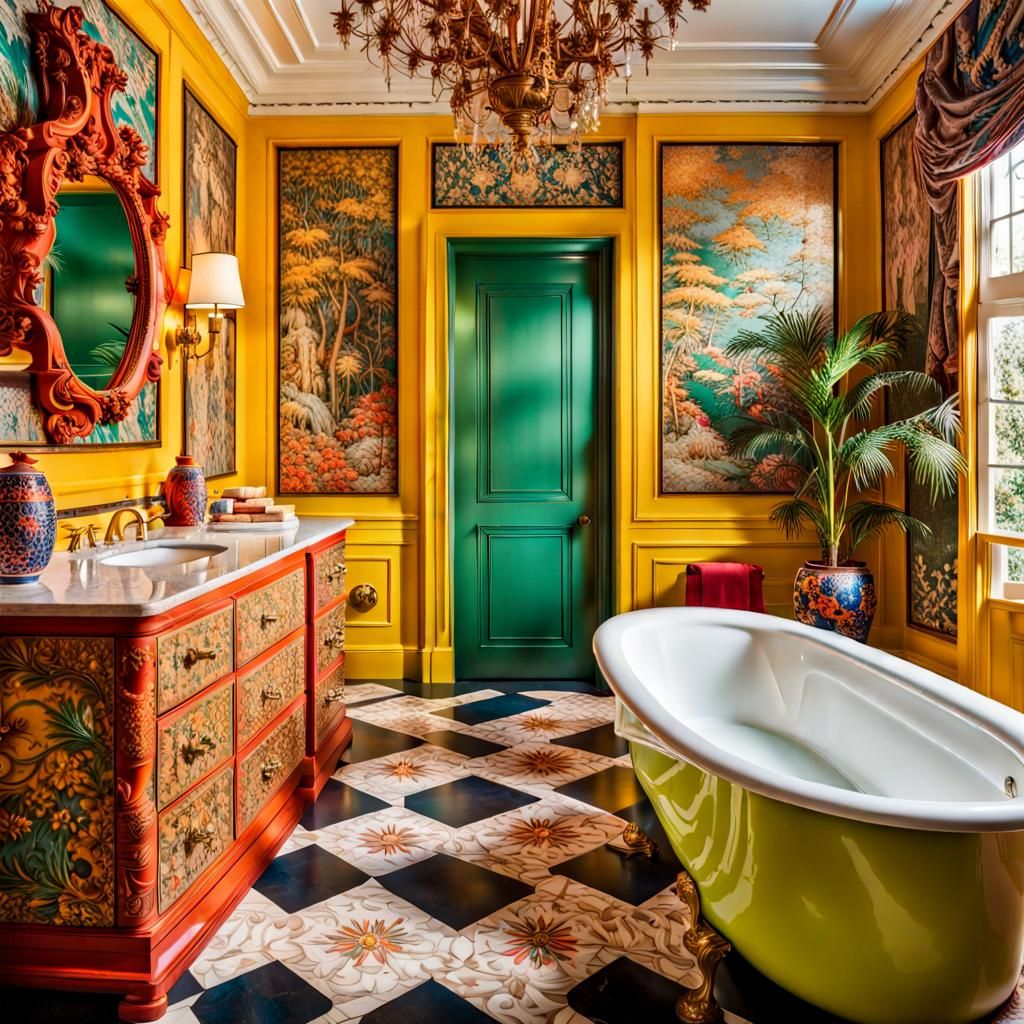 Maximalist Bathroom Interior in Contrasting Colors