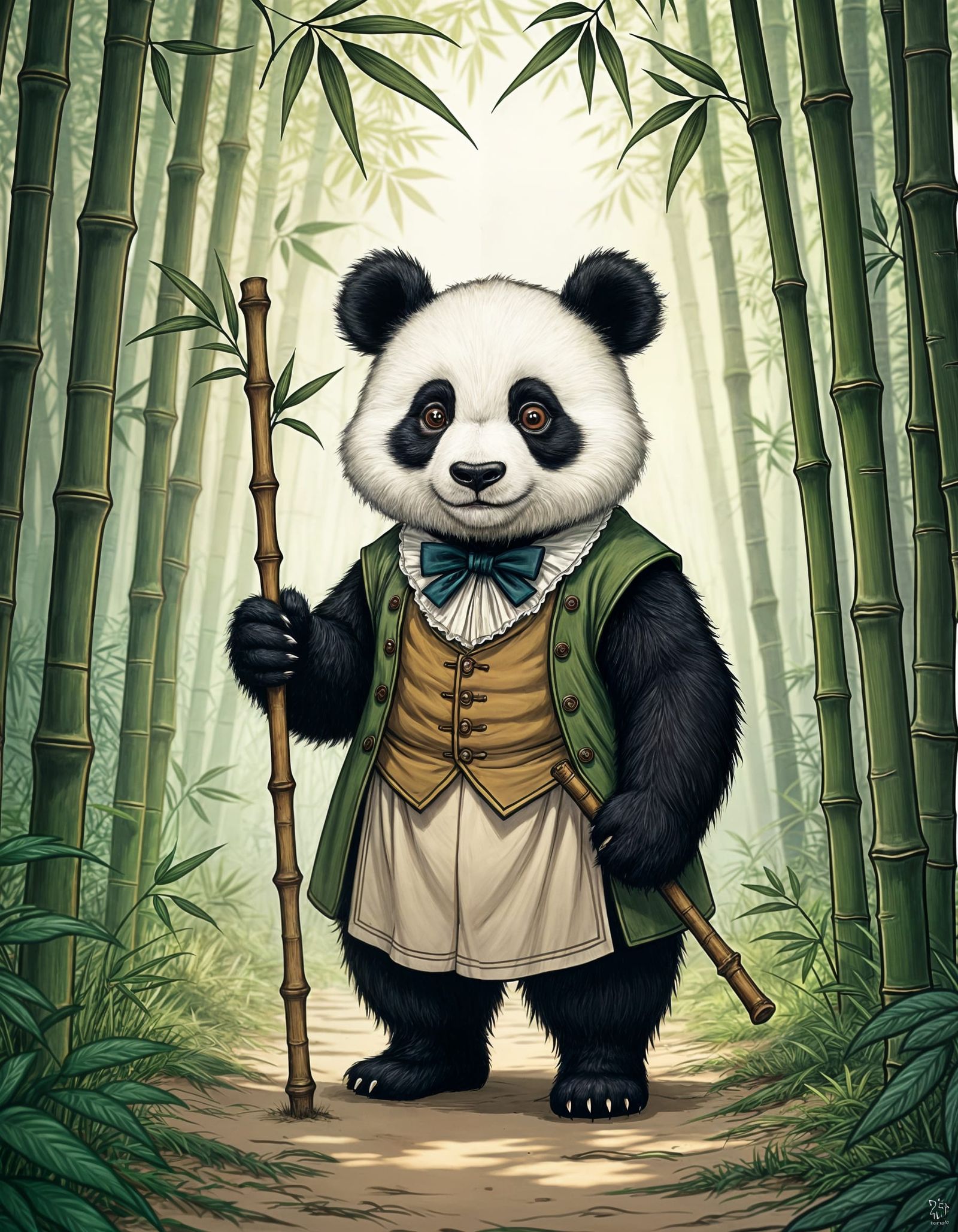 Panda in Victorian Attire with Bamboo Stick