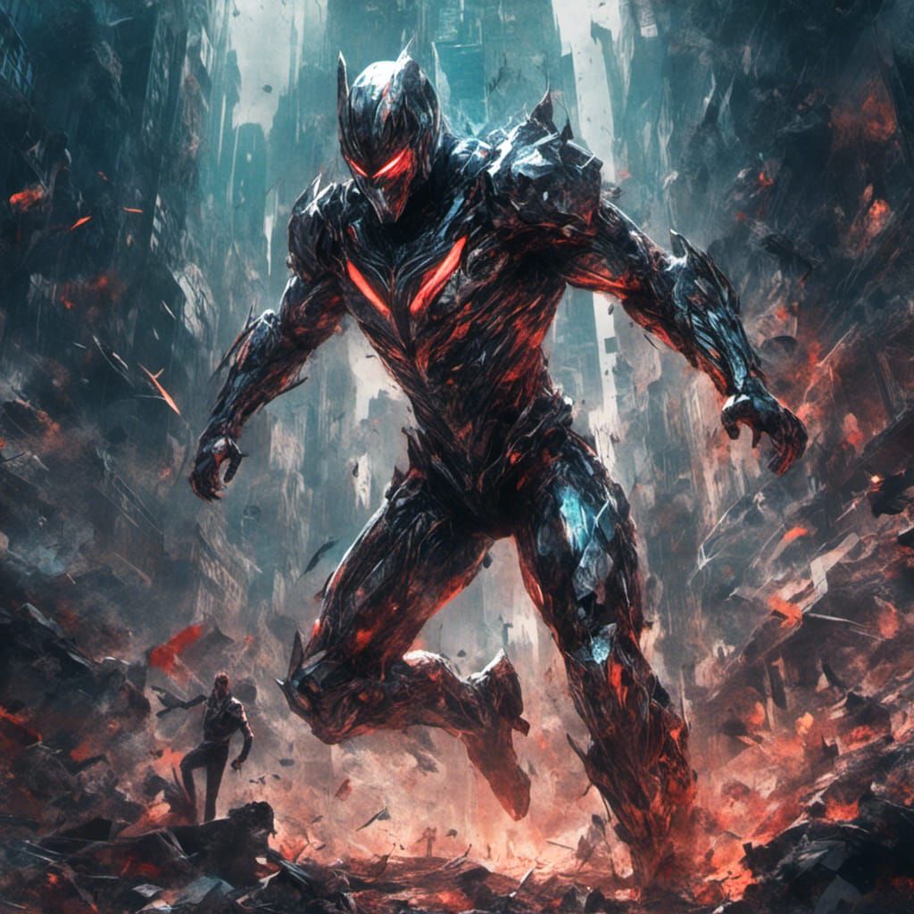 Chrome Armored Superhero Landing in Destroyed City