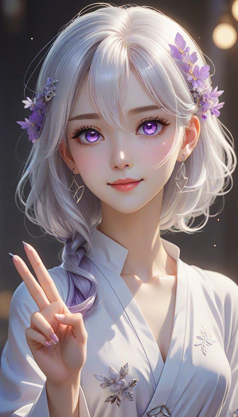 Anime Girl With Silver Hair Making Peace Sign