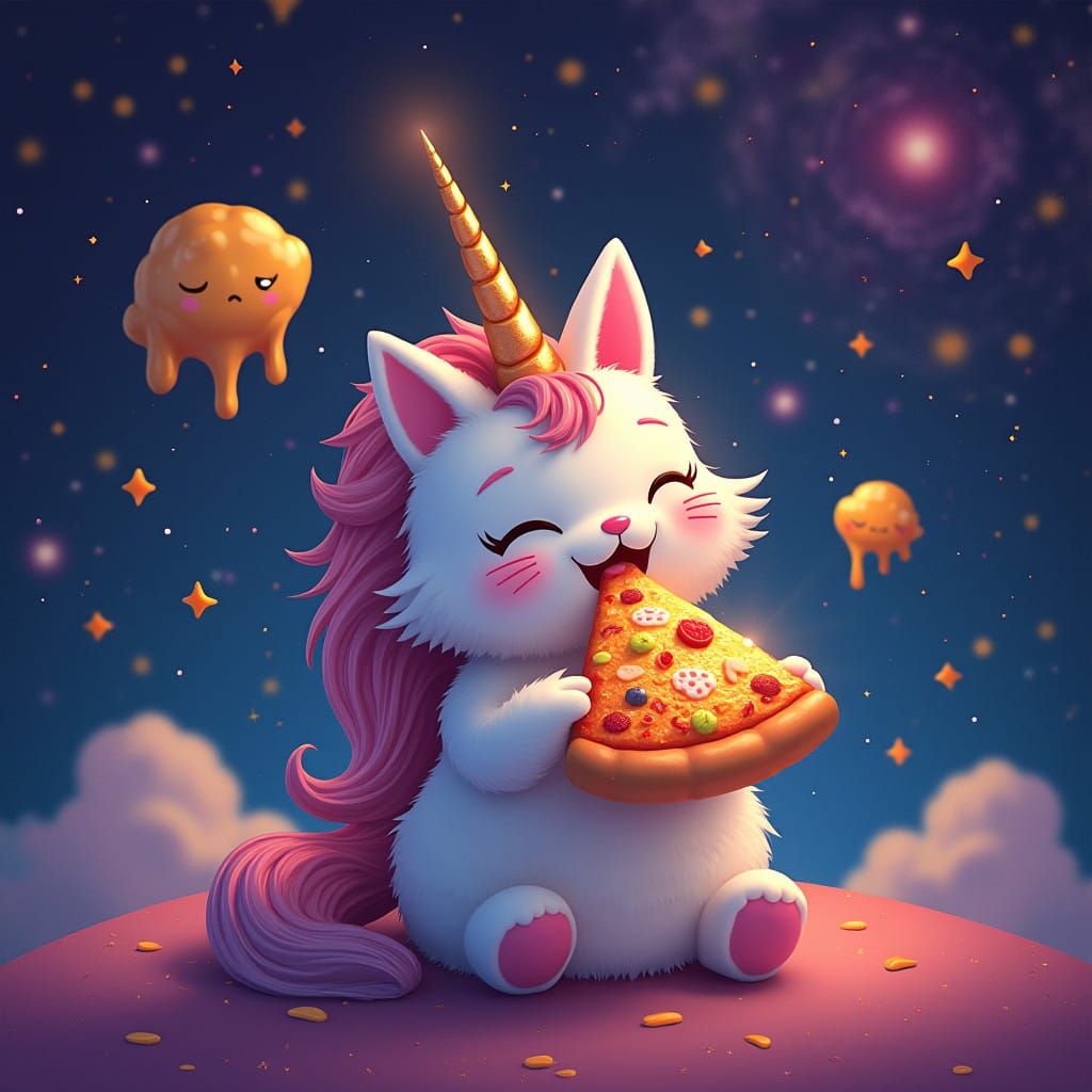 Cosmic Cat Unicorn Savoring Space Pizza