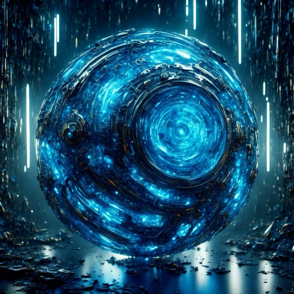 Futuristic Mechanical Orb Emitting Blue Light in Hyperrealis...