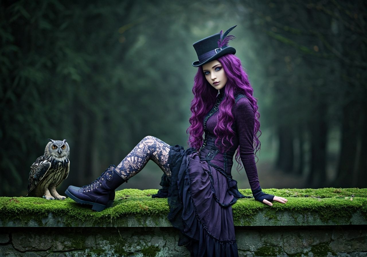 Gothic Woman and Owl in Mysterious Forest