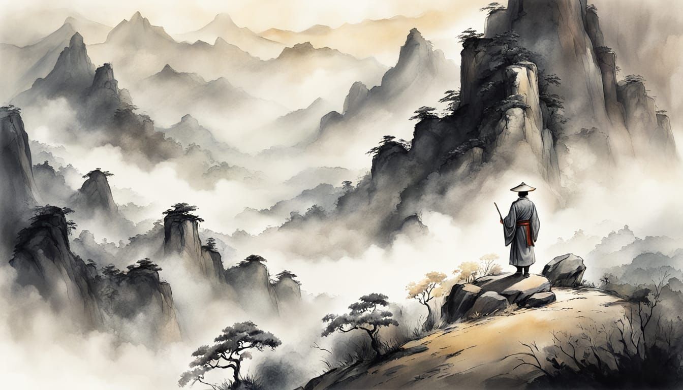 Solitary Figure in Mountain Range, Ink Wash Style