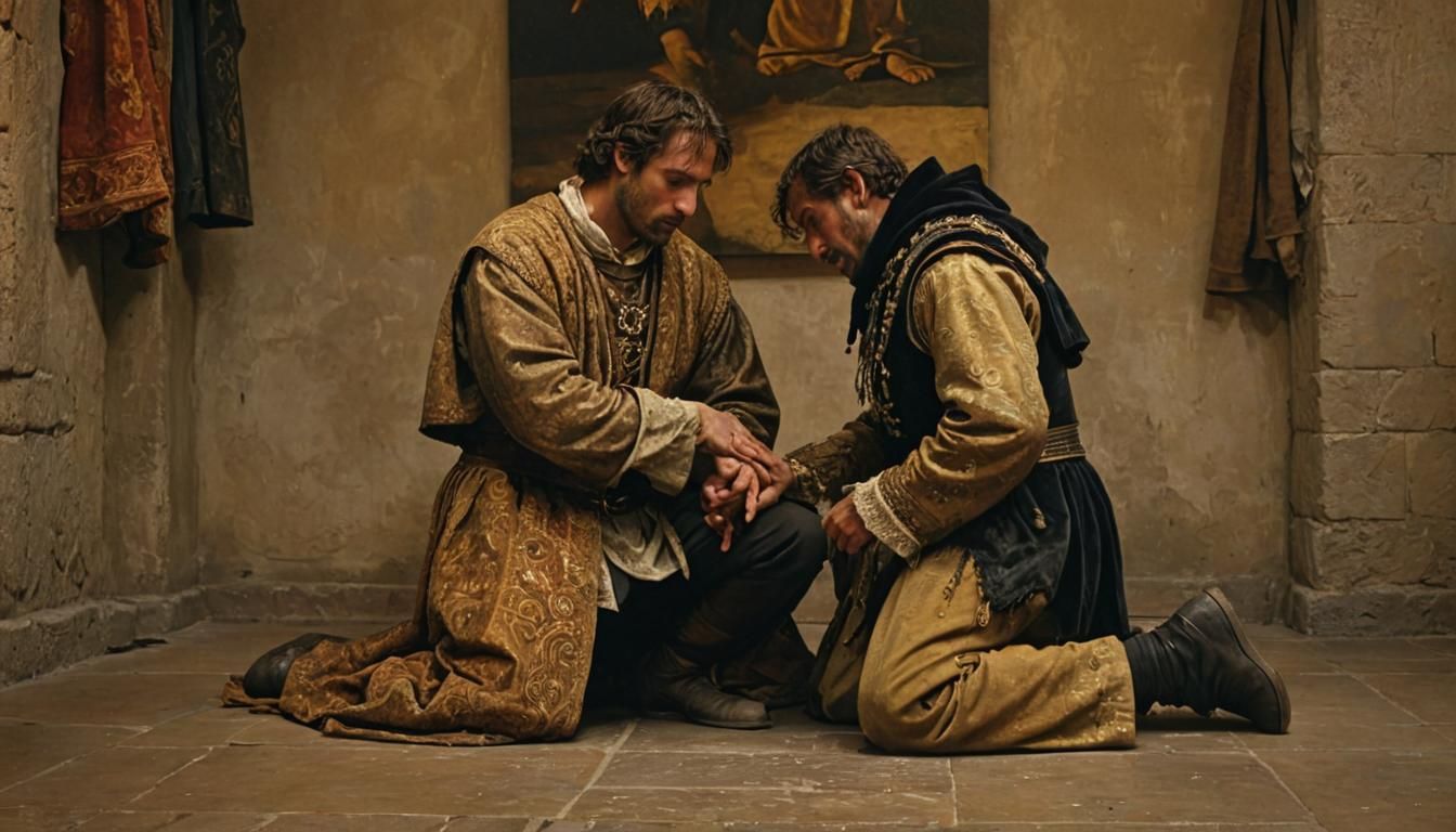 Medieval Spanish Peasant Begging Nobleman in Baroque Style