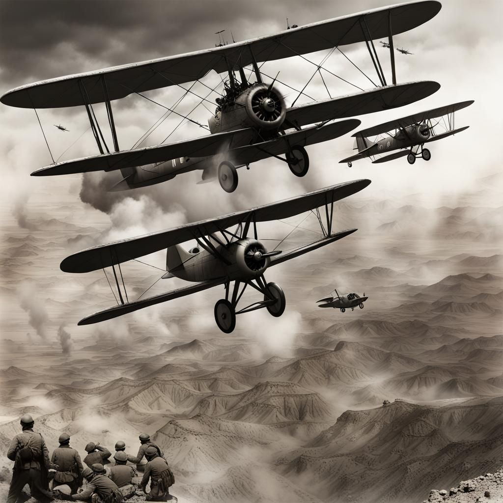 Biplanes Bombing Soldiers in California Desert, Matte Painti...