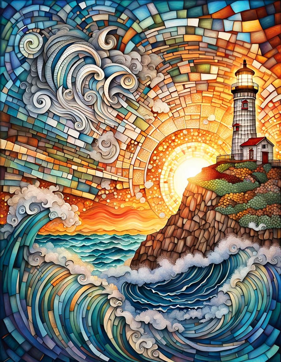Ocean Waves and Lighthouse in Surreal Mosaic Style