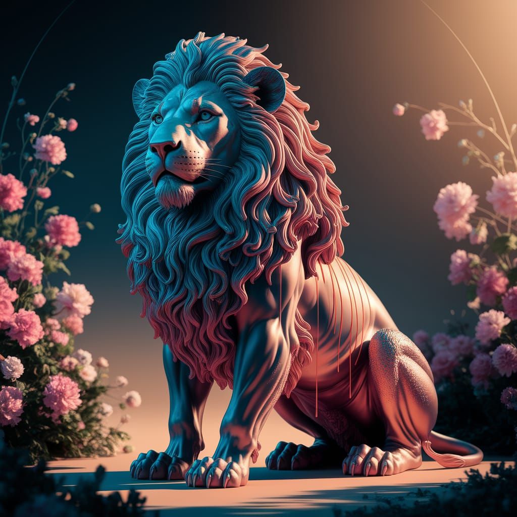 Surrealistic Lion Sculpture in Dripping Paint - Hyper Detail...