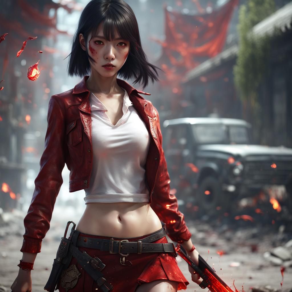 Hyperrealistic Korean Schoolgirl with Knife in Inferno