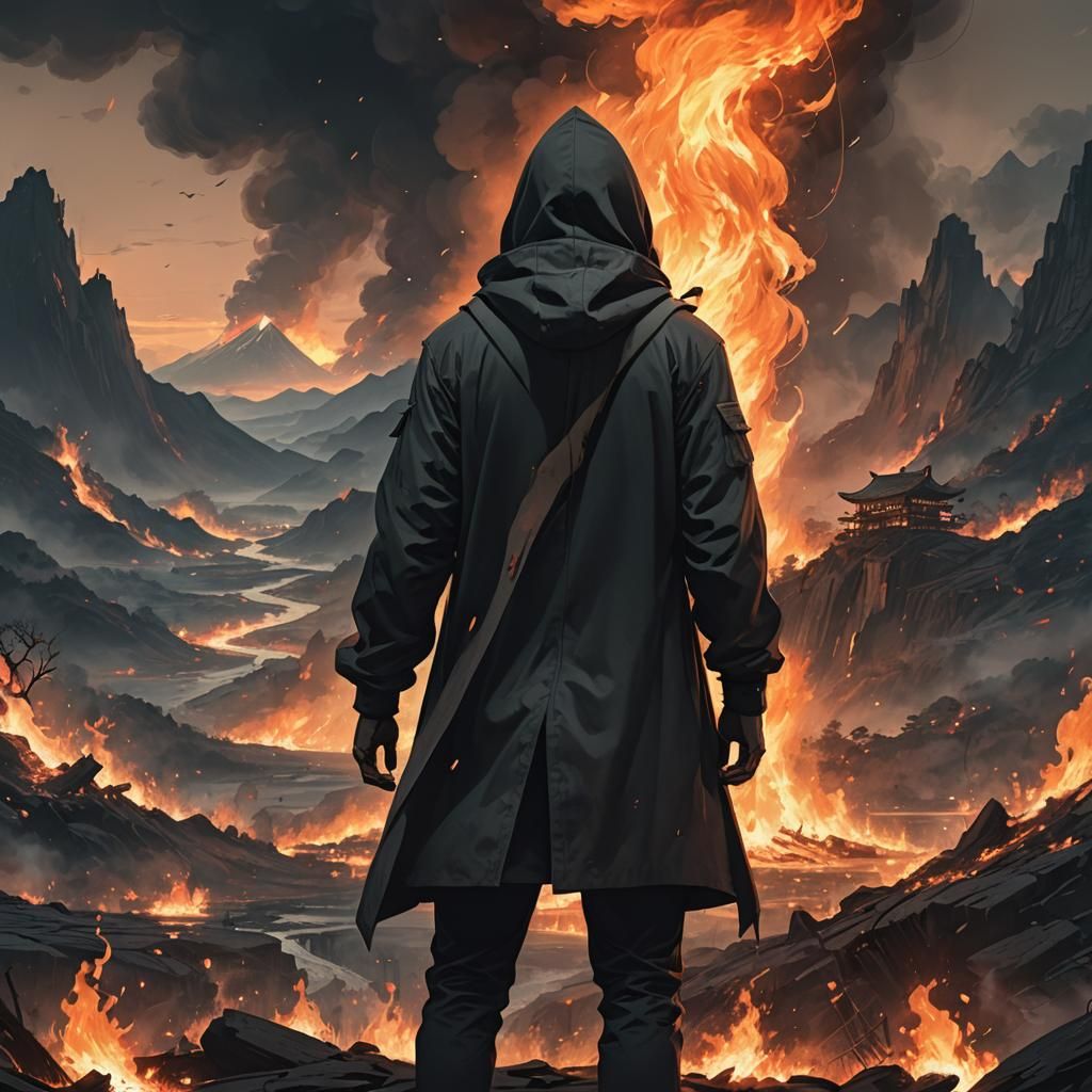Hooded Figure in Burning Landscape, Anime Style