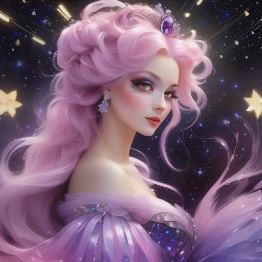 Radiant Fairy Portrait with Constellation Hair as Watercolor