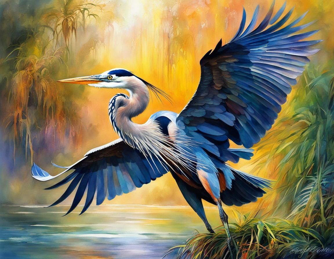 Great Blue Heron in Digital Watercolor Style
