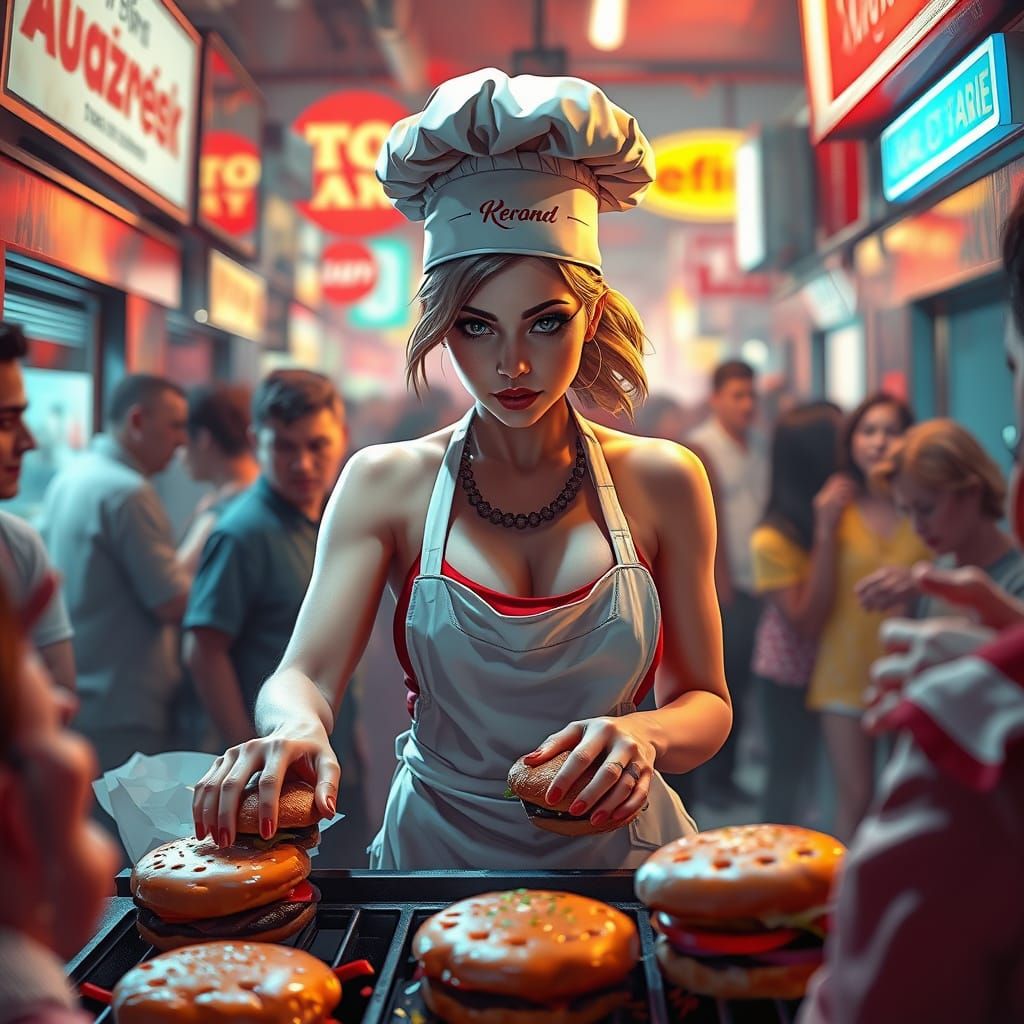 Bare-Chested Chef Grilling Burgers in Neon Alley
