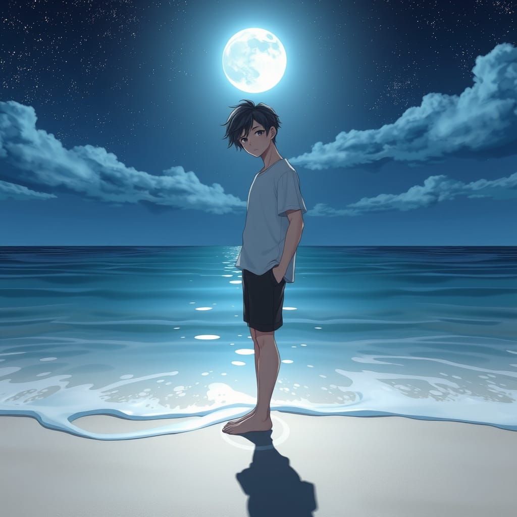 Anime Boy on Beach at Night in 3D Style