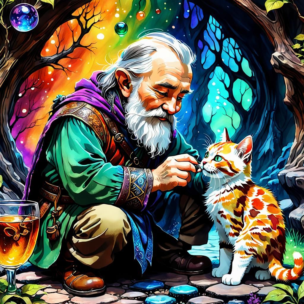 Tolkien Dwarf with Kitten in Alcohol Ink Style