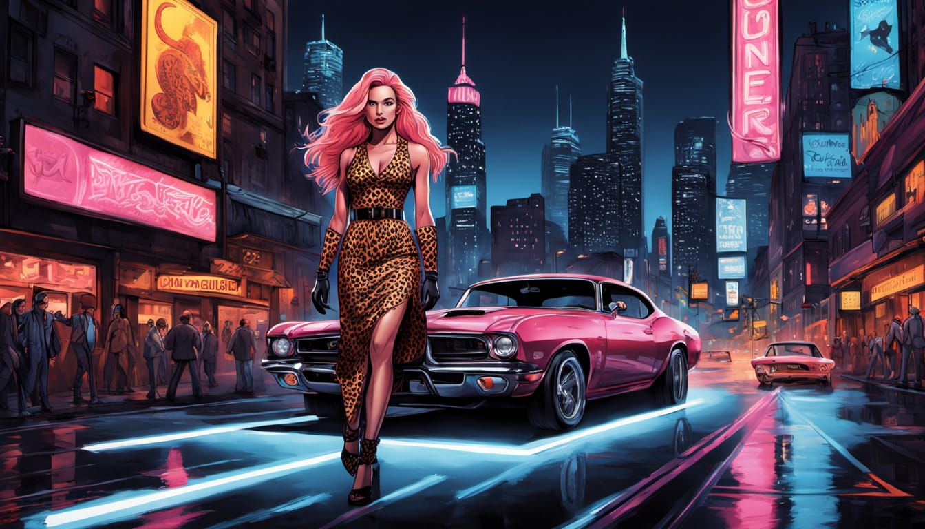 Glamorous Woman Poses on Muscle Car in Neon Cityscape