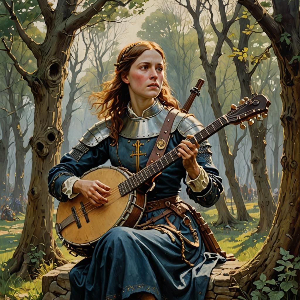 Joan of Arc Plays Banjo: Oil Painting