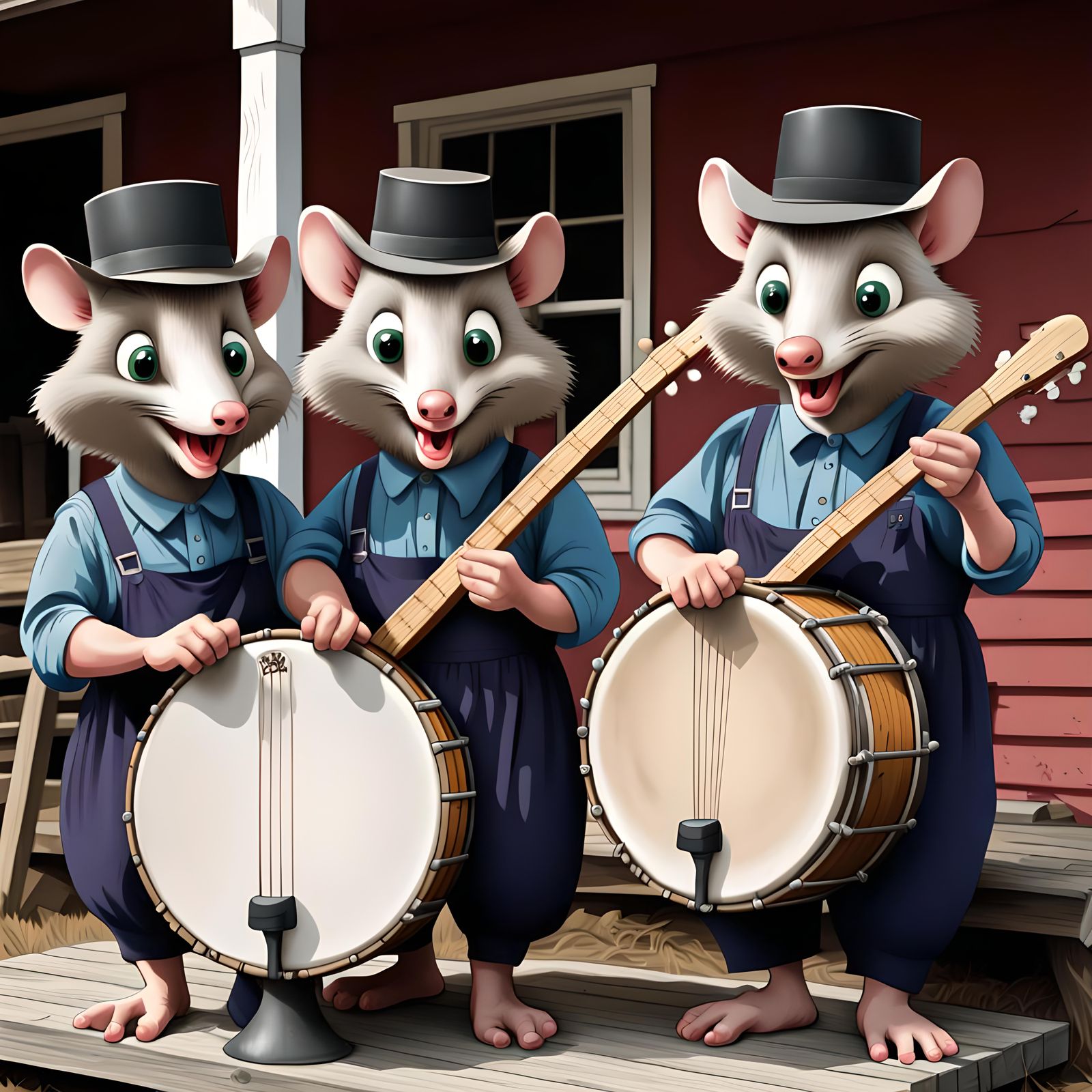 Amish Possum Band Cartoon in 1940s Style
