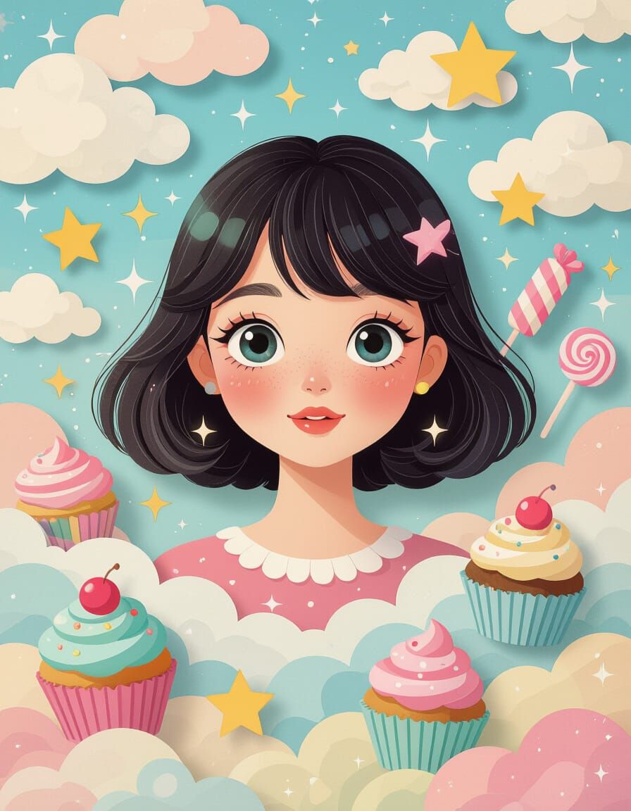 Kawaii Collage: Woman Among Pastel Clouds, Candies & Stars