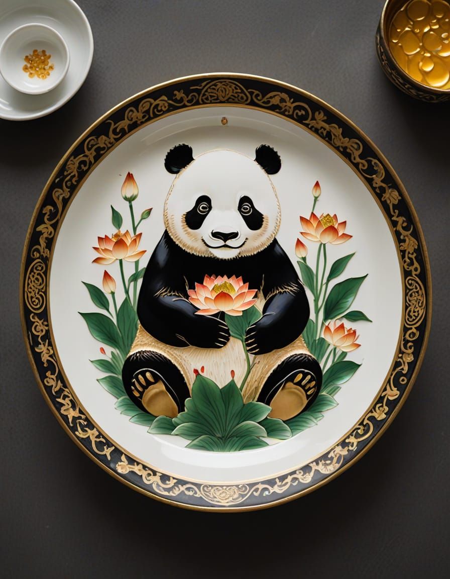 Panda and Lotus Flowers on Porcelain Dish