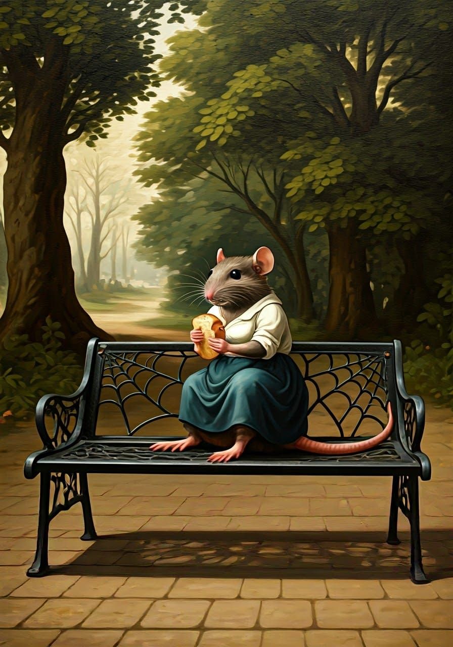 Gothic Iron Bench in Black with a Rodent Enjoying Bread