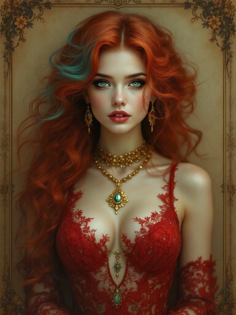 Elegant Woman with Red Hair in Art Nouveau Style