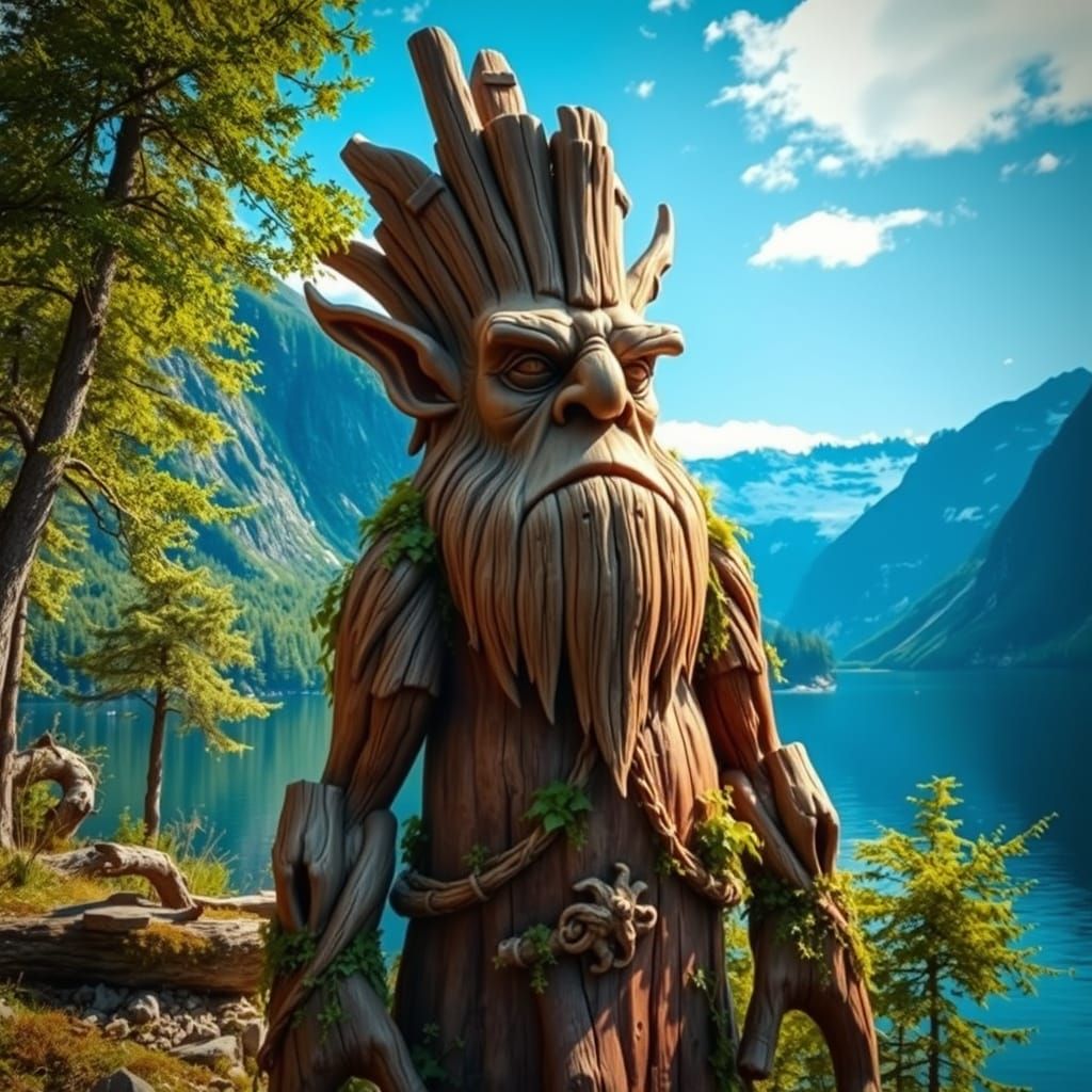 A huge wooden troll in Norway at a deep blue fjord