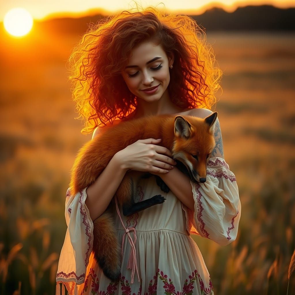 Auburn Woman with Rusty-Red Fox in Sun-Kissed Field