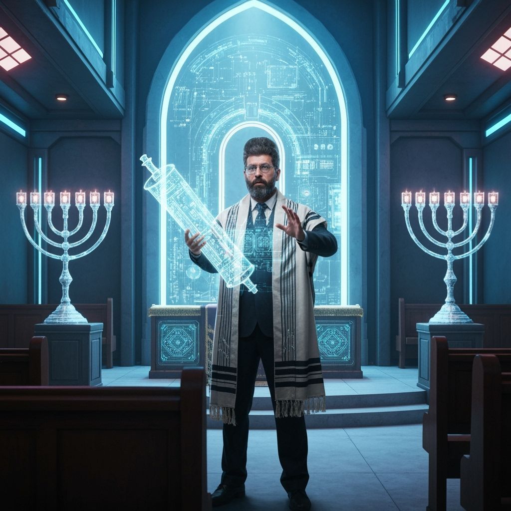 Futuristic Torah Reader in Neon Synagogue: Digital Art