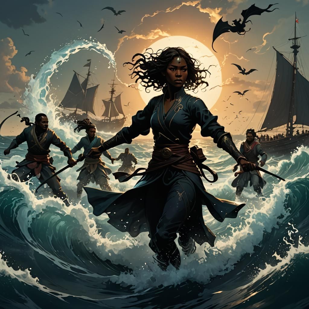 Water Bender's Silhouette: Dark Fantasy Sea Battle