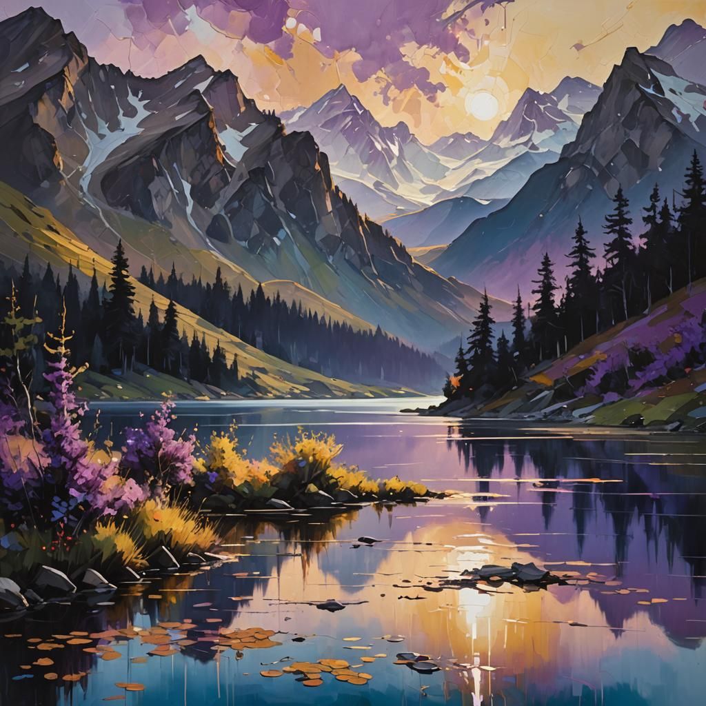 Abstract Expressionist Alpine Lake at Twilight