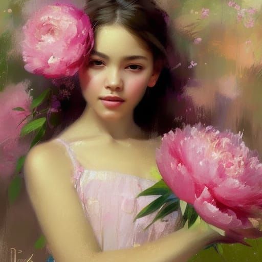 Peony Girl Portrait as Acrylic Speedpaint