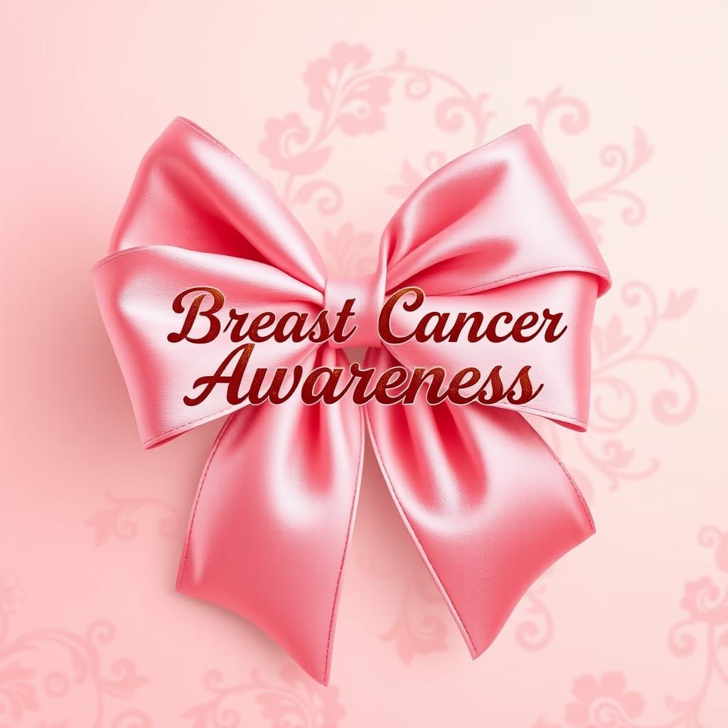 A pink ribbon bow, tied with layers of soft, flowing silk fabric, against a subtle, ombre gradient background.
