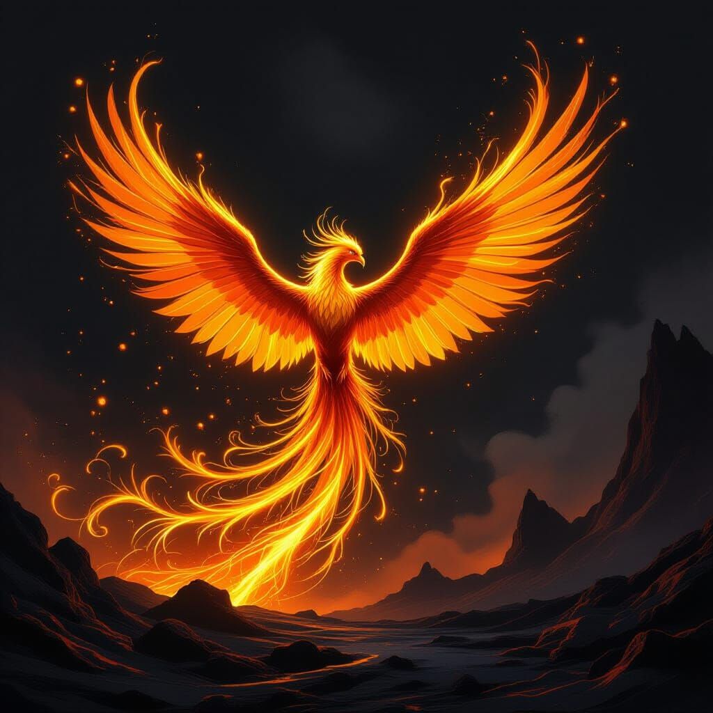 Molten Gold Phoenix Erupts From Volcanic Landscape