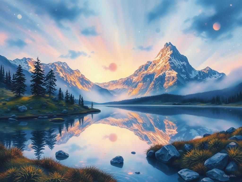 Pixelated Watercolor Fantasy Art with Holographic Reflection...