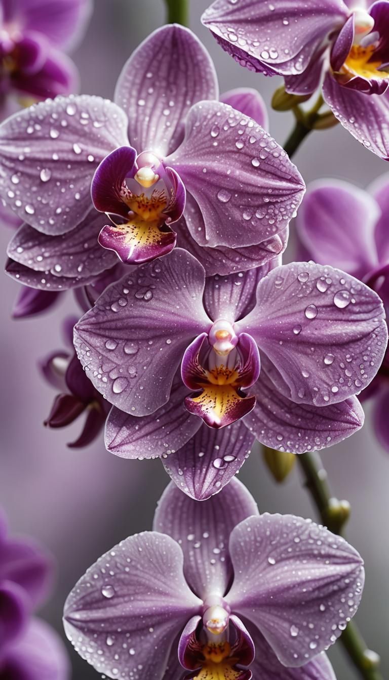 Detailed Macro Photograph of Purple Orchid with Dew