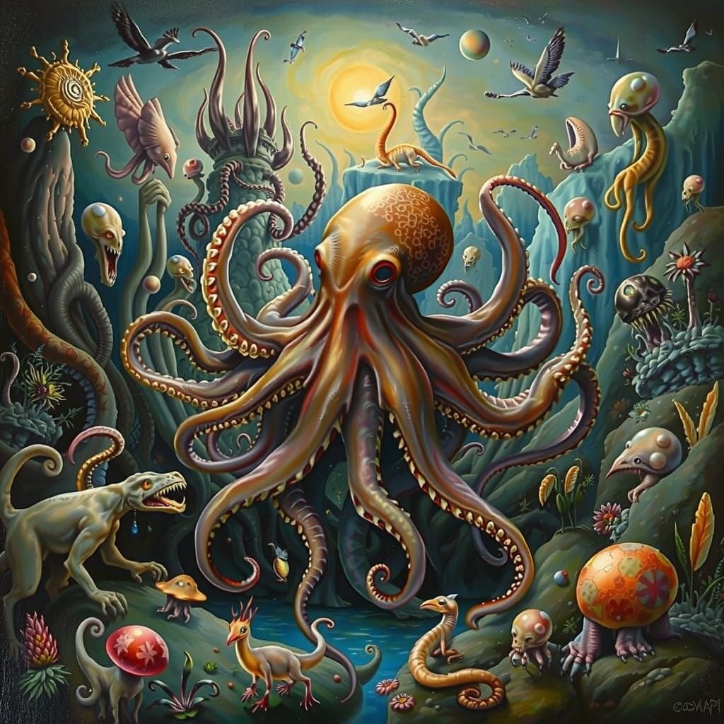 Octopus in a Fantastical Bosch-Inspired Realm