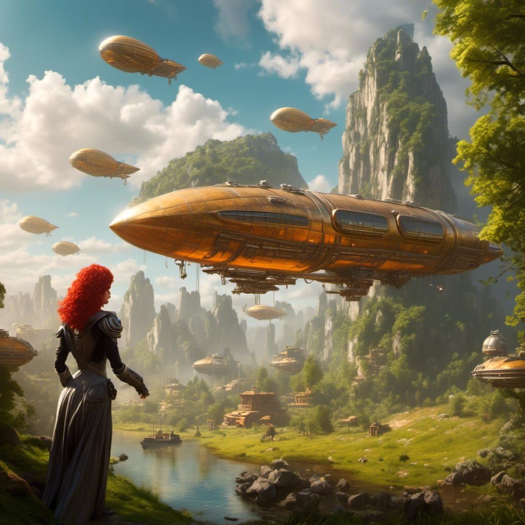 Living Airships Levitating by Green Shore