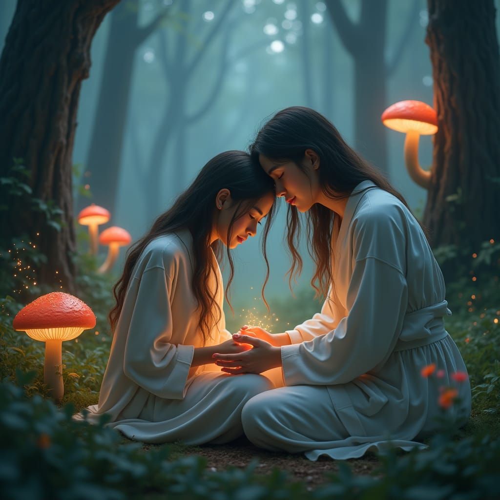 Serene Forest: Woman Comforts Man Overcome with Depression