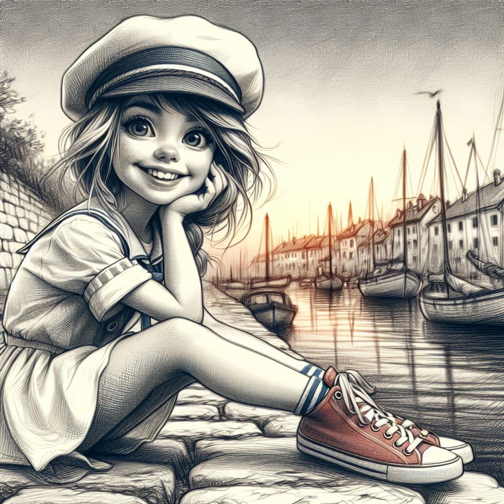 Croquis by disney full body. The european pretty girl is sitting against a stone wall, near the water. He has an express...